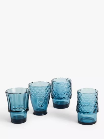 Fish Stacking Glass Tumblers, Set of 4, 220ml, Teal